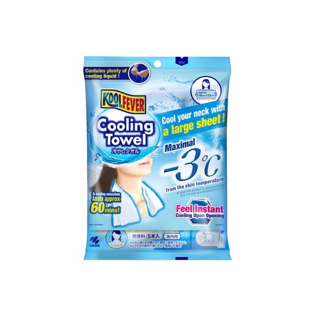 KOOLFEVER cooling towel packaged with instructions for instant cooling effect and neck comfort
