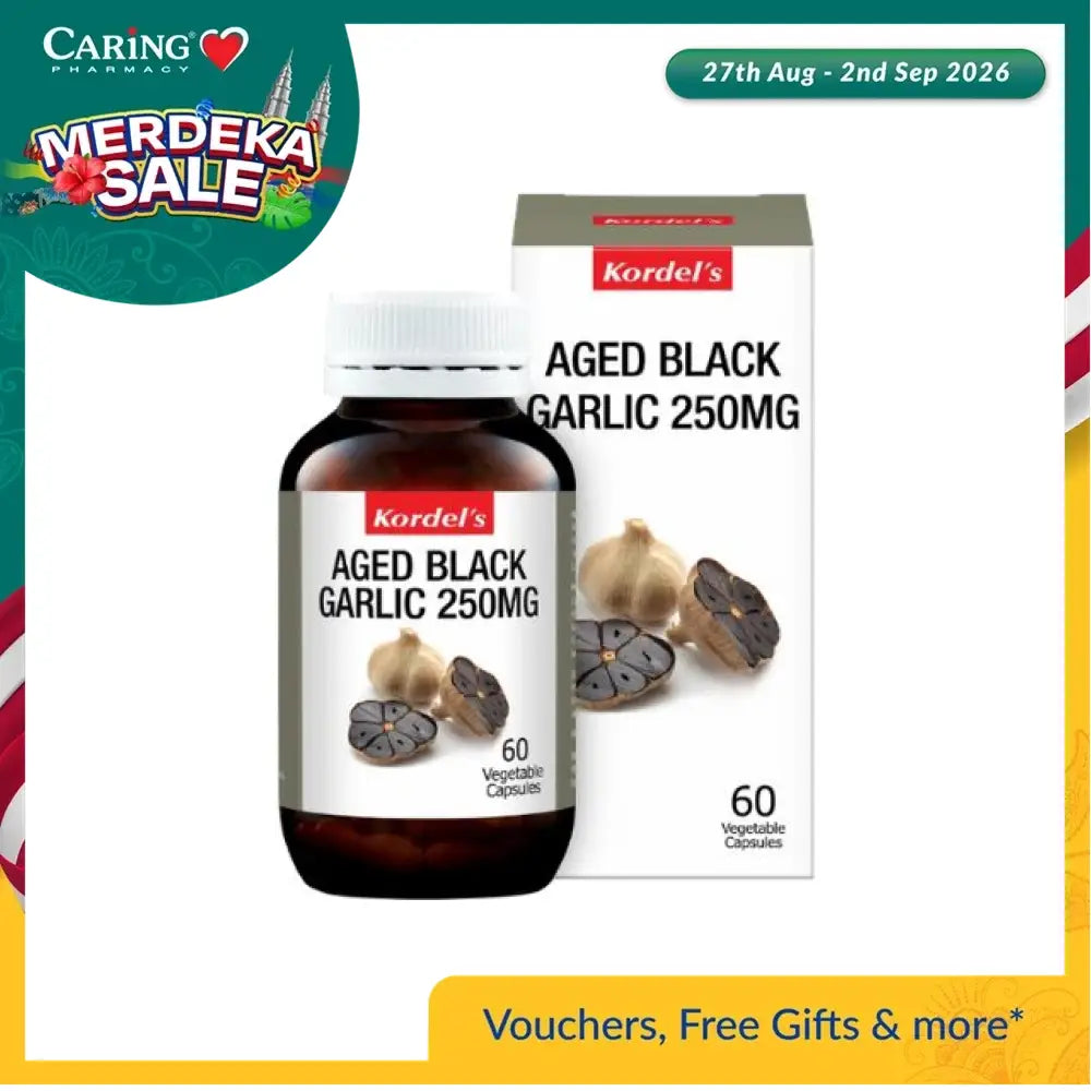 Kordel's Aged Black Garlic Supplement 250mg in a bottle with 60 vegetable capsules