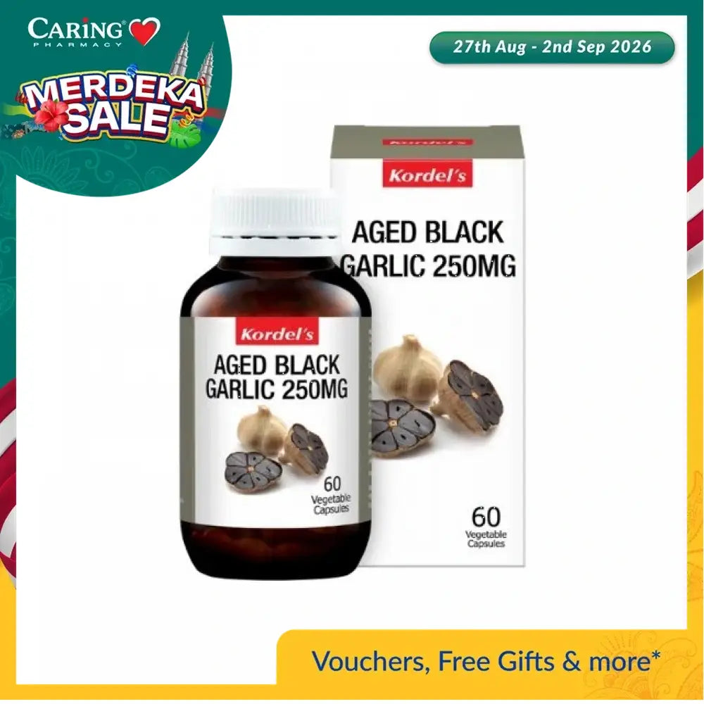 Kordel's Aged Black Garlic Supplement 250mg in a bottle with 60 vegetable capsules