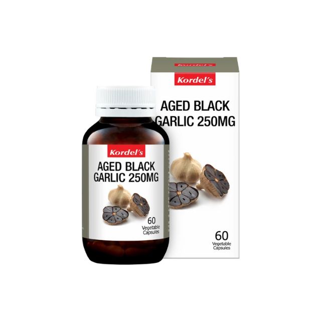 Kordel's Aged Black Garlic Supplement 250mg in a bottle with 60 vegetable capsules