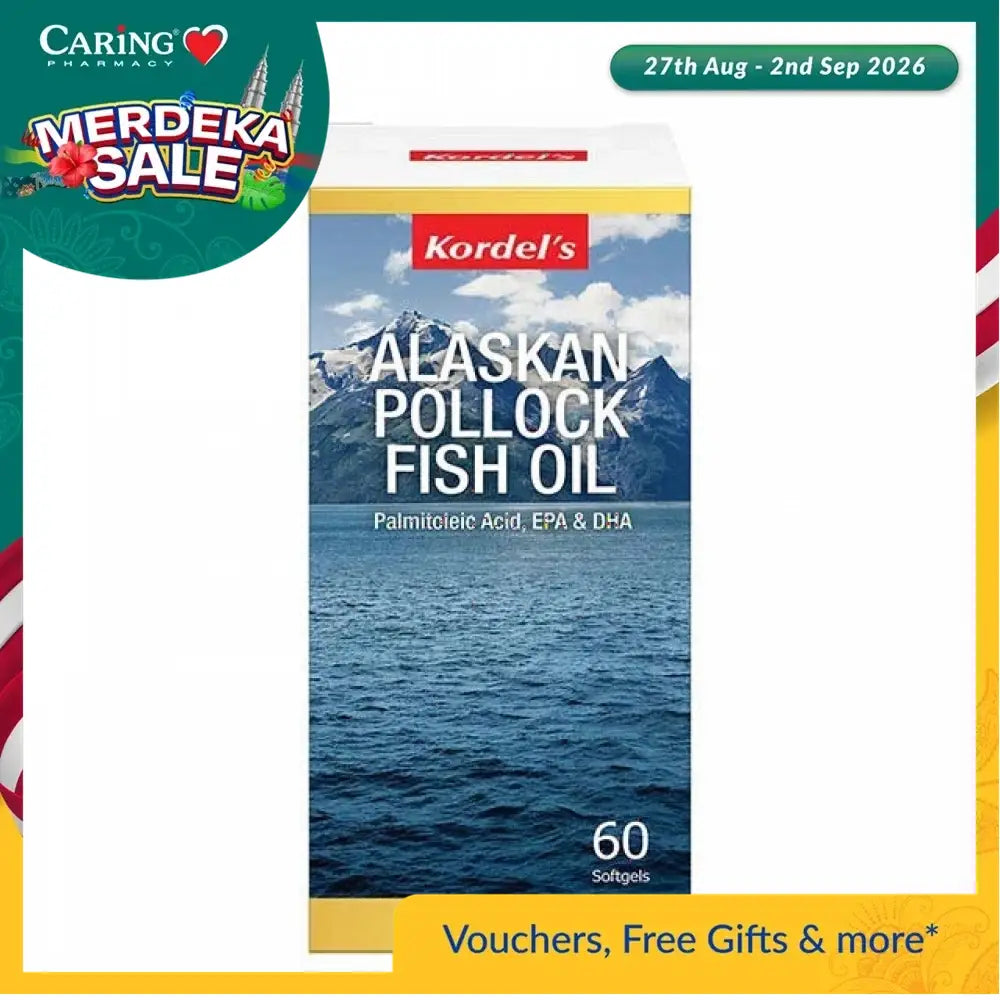 KORDEL'S Alaskan pollock fish oil supplement box with 60 softgels, featuring scenic mountain backdrop