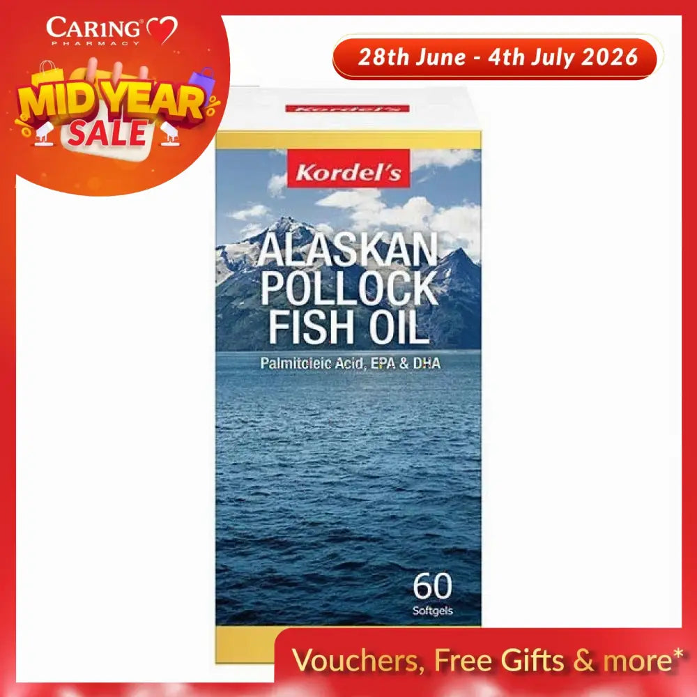 KORDEL'S Alaskan pollock fish oil supplement box with 60 softgels, featuring scenic mountain backdrop