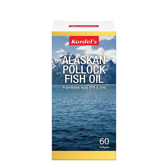 KORDEL'S Alaskan pollock fish oil supplement box with 60 softgels, featuring scenic mountain backdrop