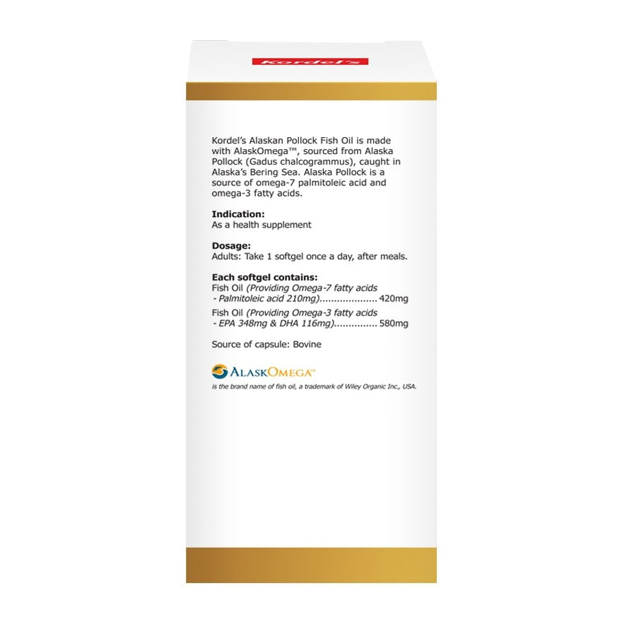 Kordel's Alaskan Pollock Fish Oil Supplement Box with Dosage and Ingredient Information