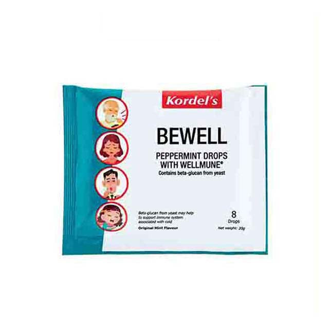 Kordels Bewell Peppermint Drops package with eight refreshing mint-flavored drops for wellness.