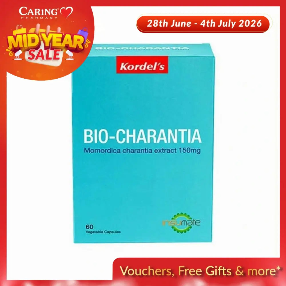 Kordel's Bio-Charantia capsules in a blue box containing 60 vegetable capsules with Momordica charantia extract