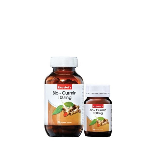 Kordel's Bio-Curmin 100mg supplement in two bottle sizes for natural wellness support