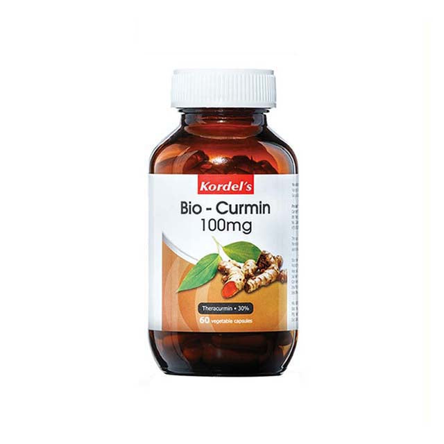 Kordel's Bio Curmin 100mg supplement in a bottle with 60 vegetable capsules for health support