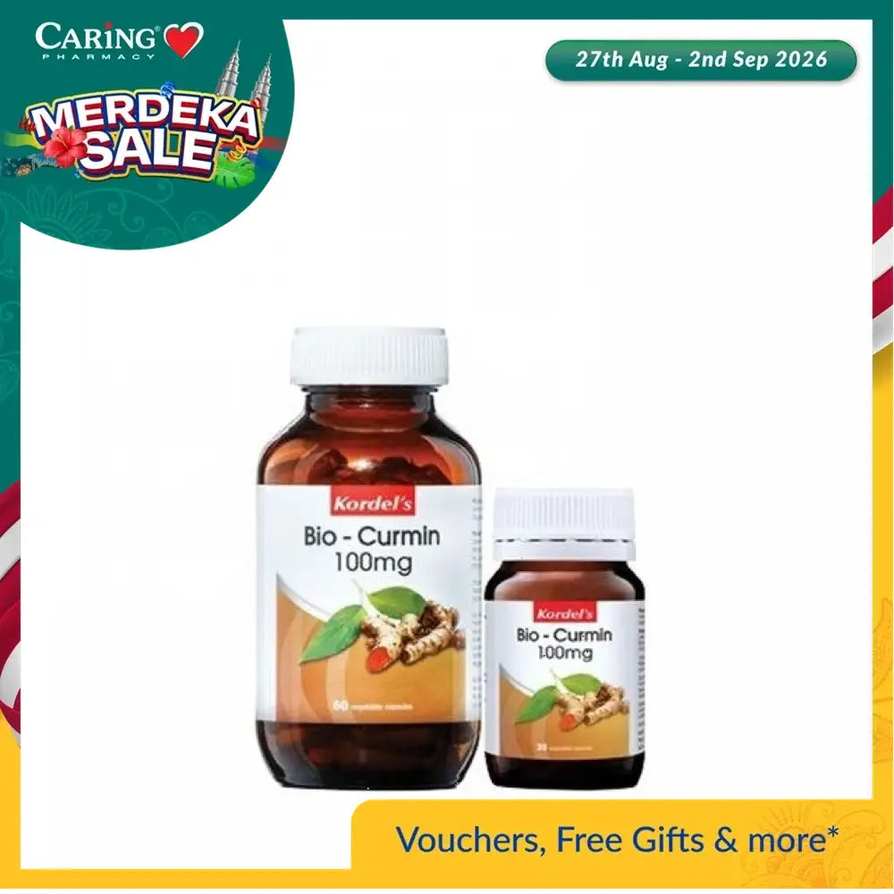 Kordel's Bio-Curmin 100mg supplement in two bottle sizes for natural wellness support