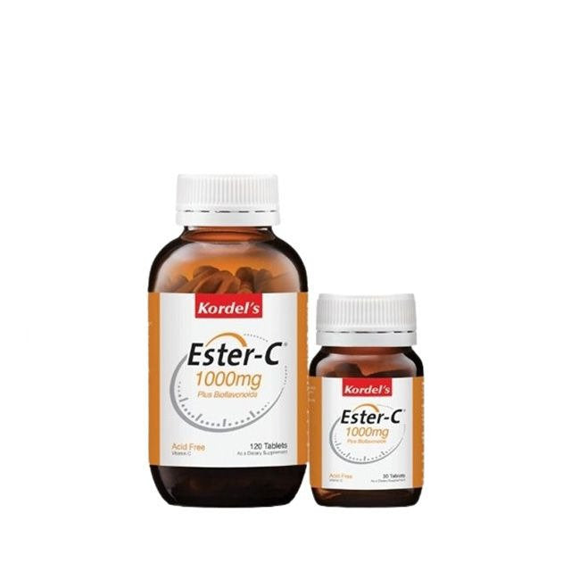 Kordel's Bio Ester C 1000mg supplement in two sizes, 120 tablets and 30 tablets for immune support