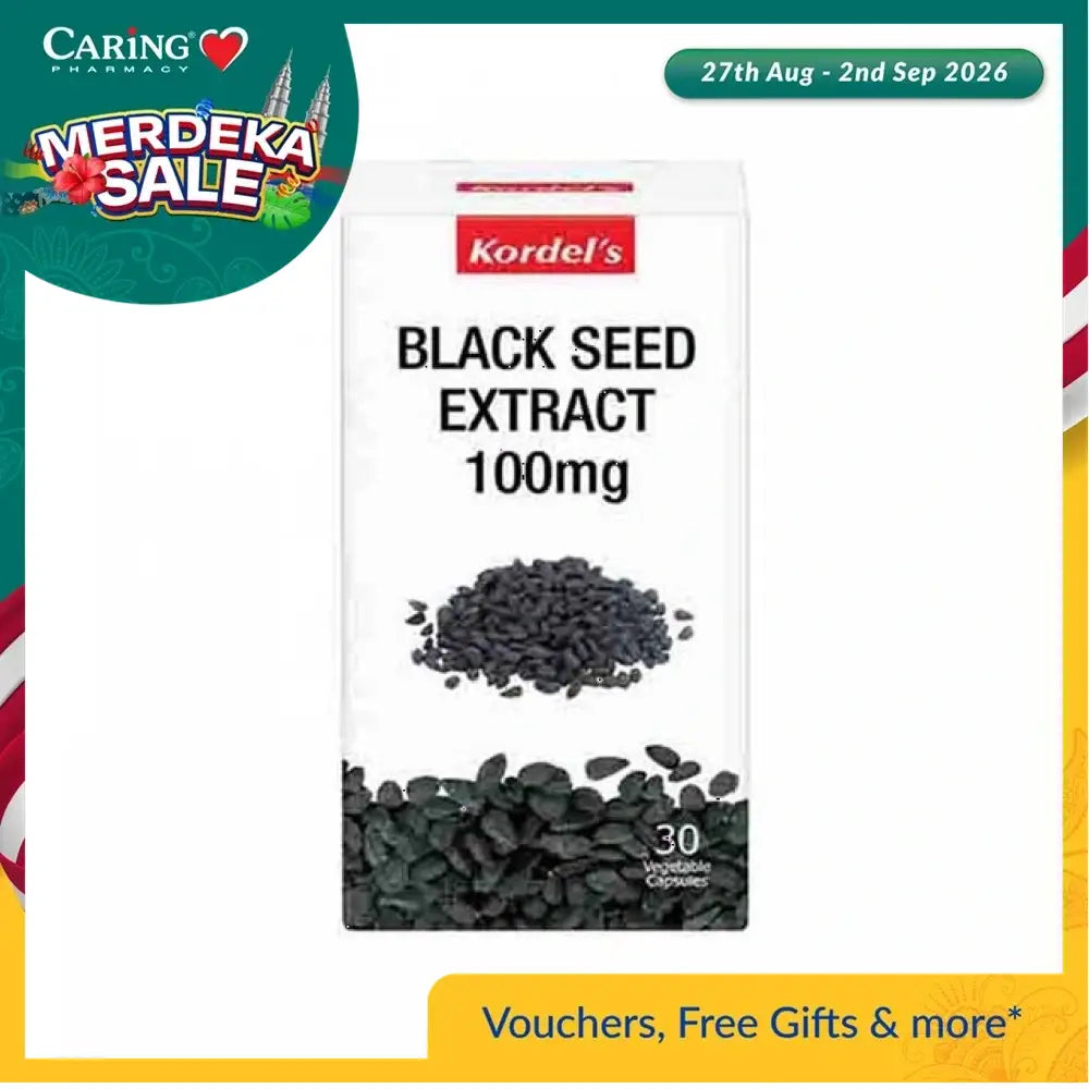 Kordel's black seed extract capsules in 100mg, packed in a box of 30 vegetable capsules