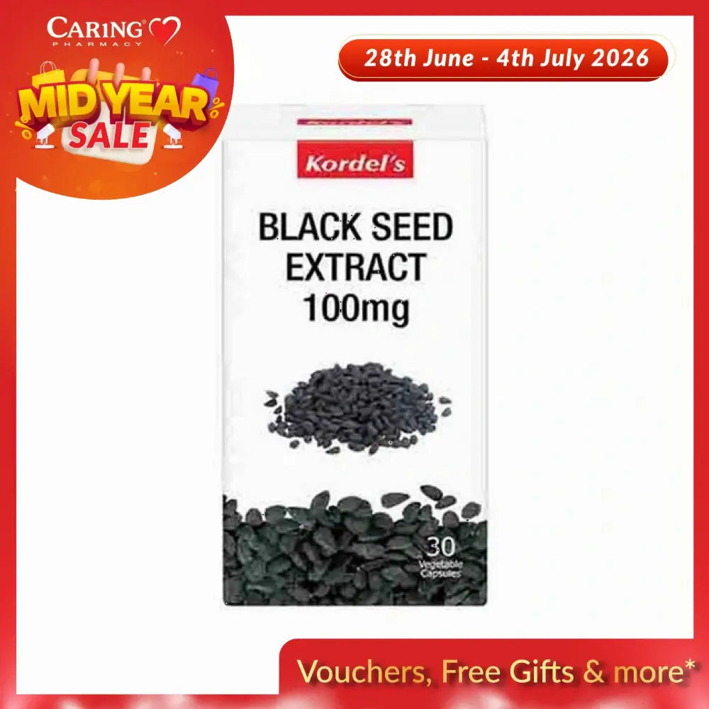 Kordel's black seed extract capsules in 100mg, packed in a box of 30 vegetable capsules