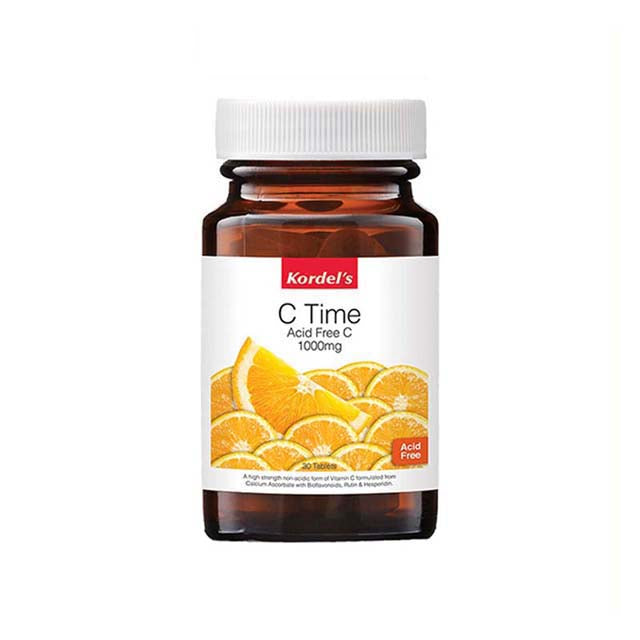 Kordel's C Time Acid Free 1000mg vitamin C supplement in a bottle with orange slices