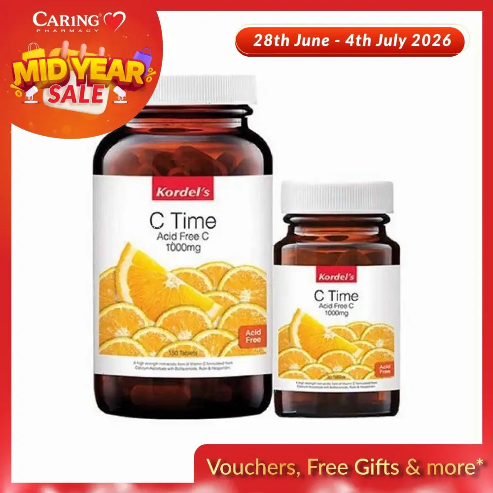 Kordel's C Time Acid Free vitamin C tablets in two bottle sizes with orange slice graphic