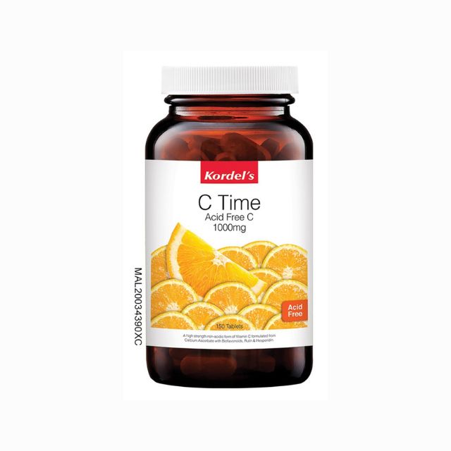 Kordel's C Time Acid Free Vitamin C 1000mg Bottle with 180 Tablets and Orange Graphics