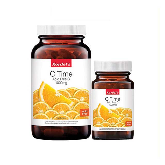 Kordel's C Time Acid Free vitamin C tablets in two bottle sizes with orange slice graphic