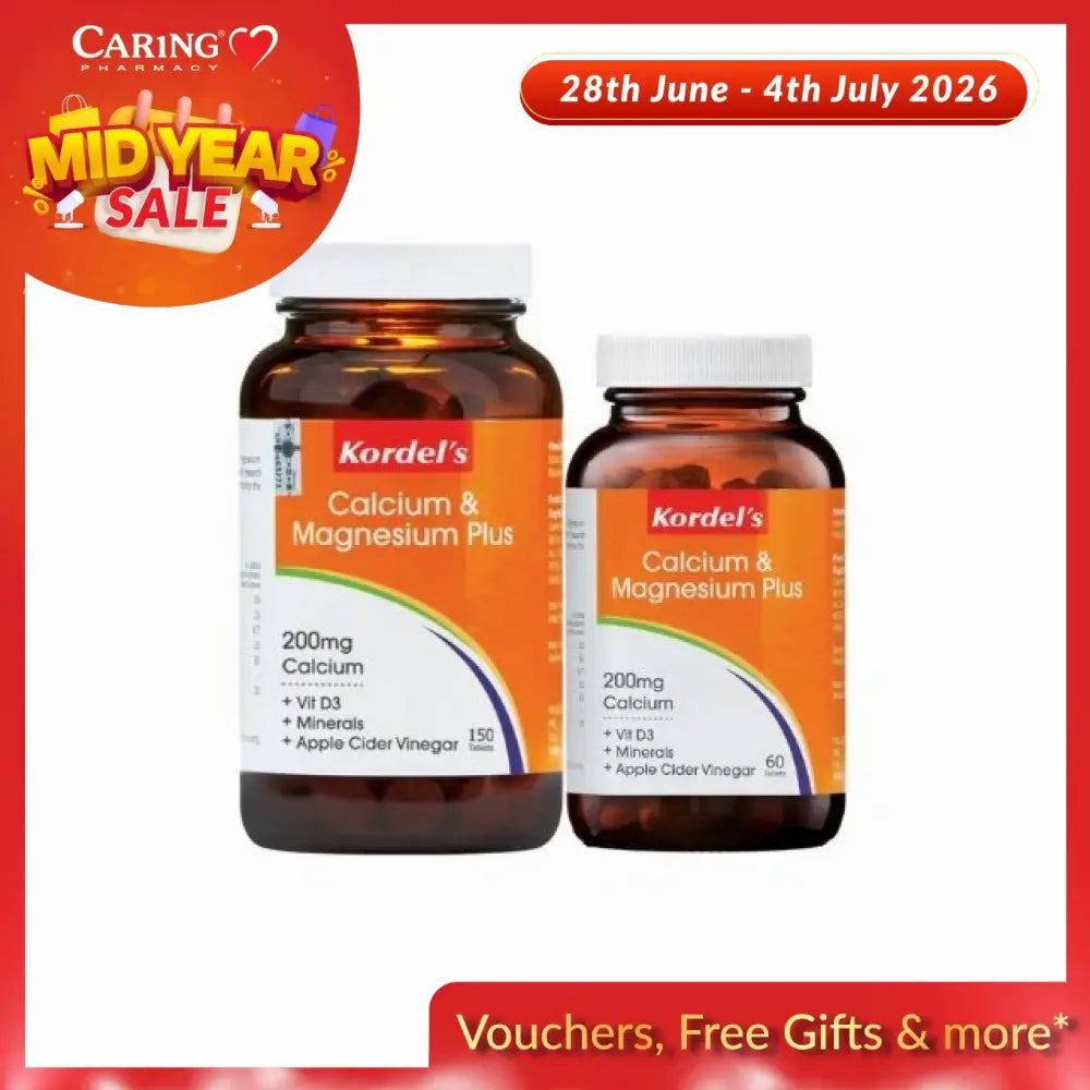 Kordel's Calcium and Magnesium Plus supplement bottles featuring 200mg Calcium with minerals and Apple Cider Vinegar