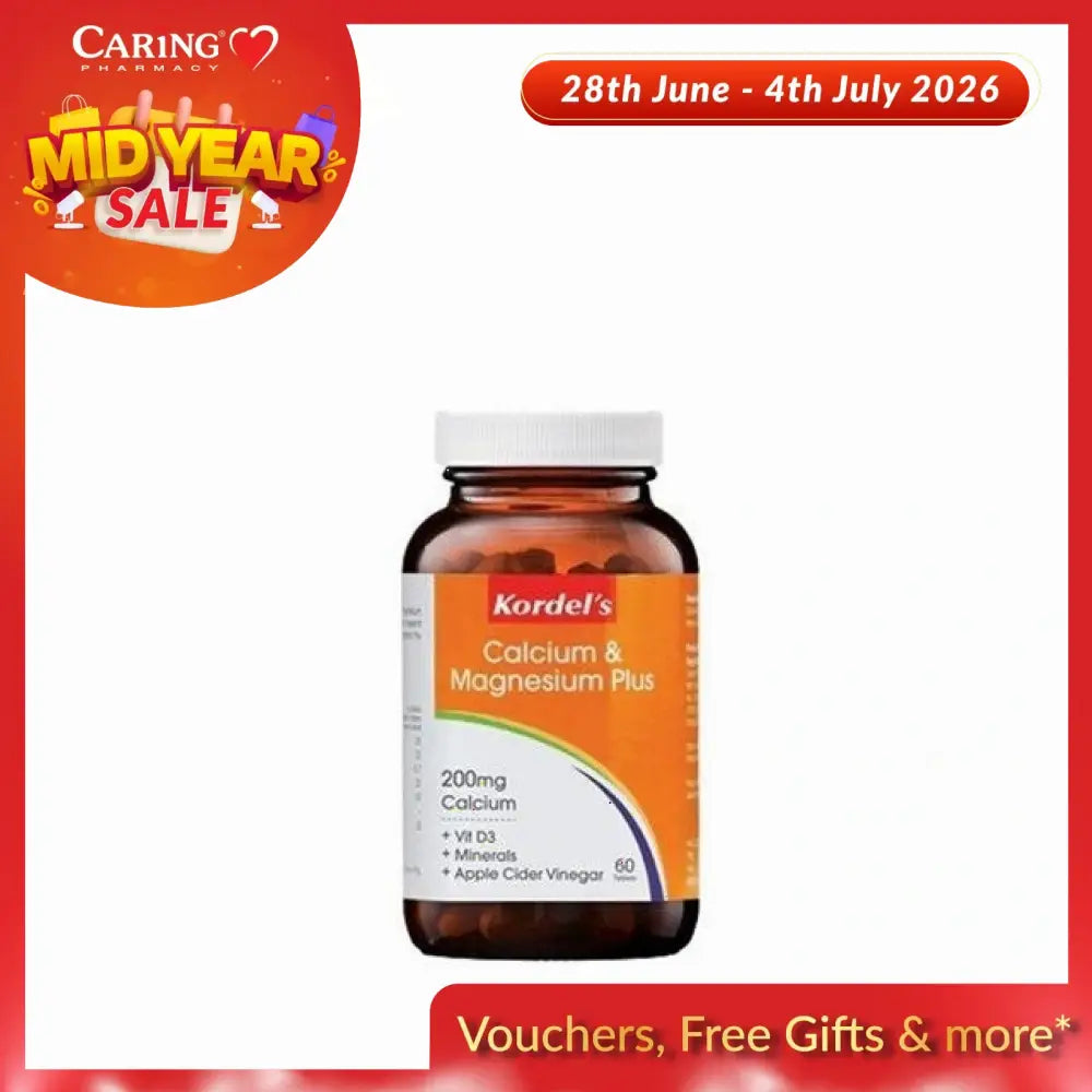 Kordel's Calcium Magnesium supplement with 200mg Calcium and Vitamin D3 in a bottle of 60 capsules