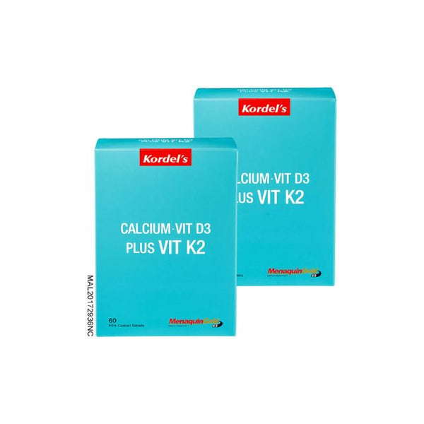 Kordel's Calcium Vit D3 K2 supplement in blue packaging, promoting bone health with 60 effervescent tablets