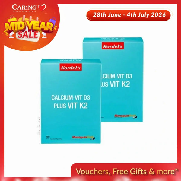 Kordel's Calcium Vit D3 K2 supplement in blue packaging, promoting bone health with 60 effervescent tablets