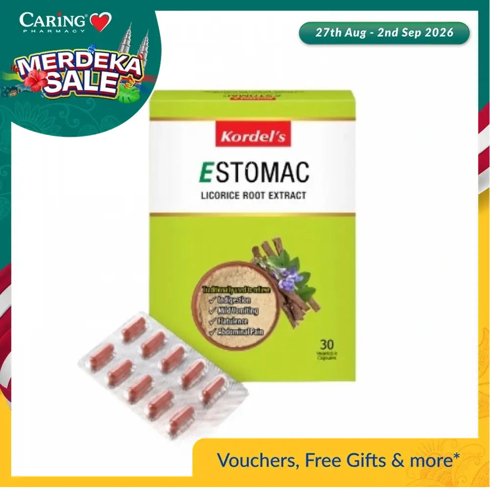 Kordel's Estomac licorice root extract box with blister pack containing 30 capsules for digestive support