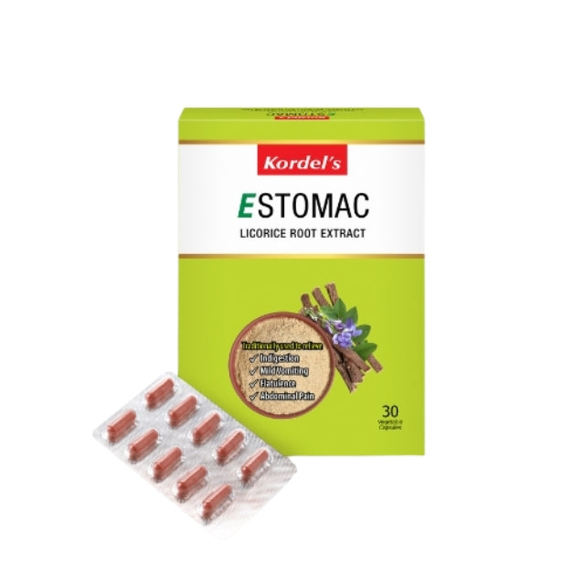 Kordel's Estomac licorice root extract box with blister pack containing 30 capsules for digestive support
