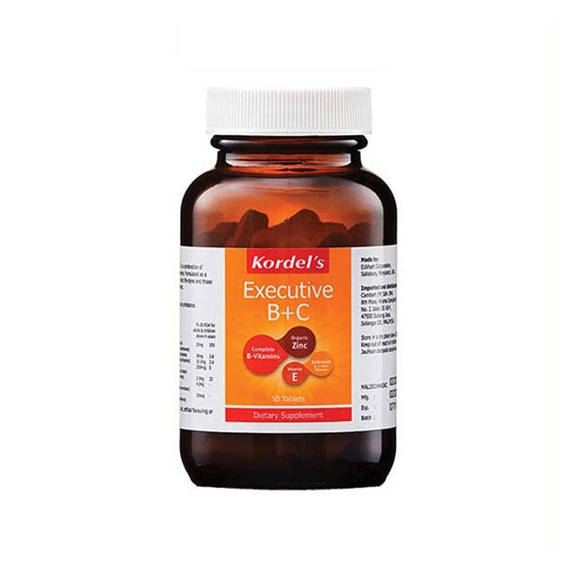 Kordel's Executive B+C supplements in a bottle with 90 tablets for energy and immune support