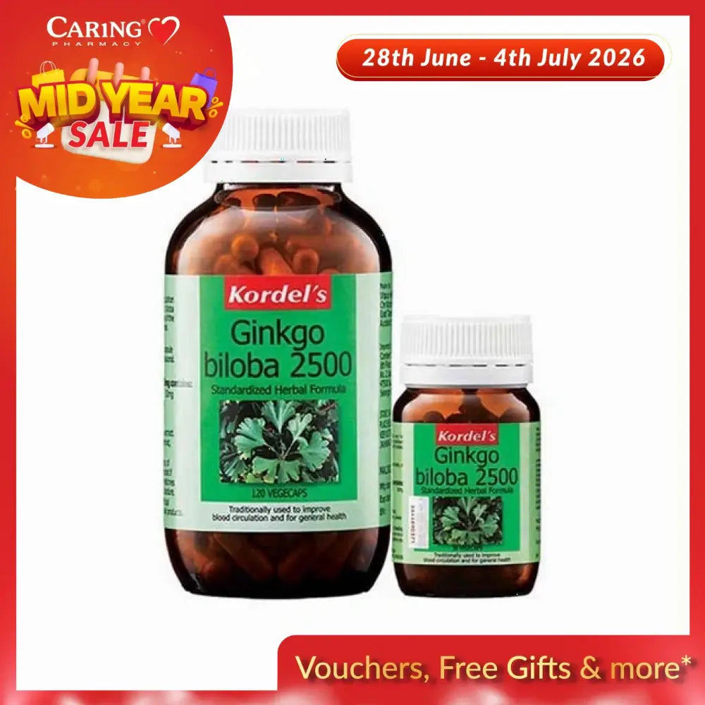 Kordel's Ginkgo Biloba 2500mg supplement bottles in varying sizes for improved blood circulation