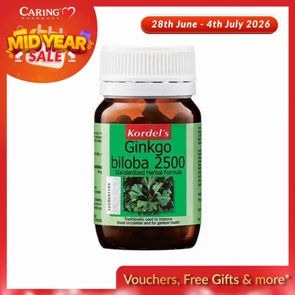 Kordel's Ginkgo Biloba 2500mg supplement bottle with green label for enhanced memory support