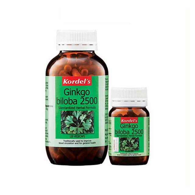 Kordel's Ginkgo Biloba 2500mg supplement bottles in varying sizes for improved blood circulation