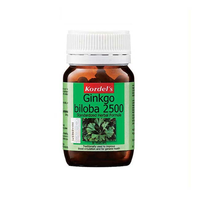 Kordel's Ginkgo Biloba 2500mg supplement bottle with green label for enhanced memory support