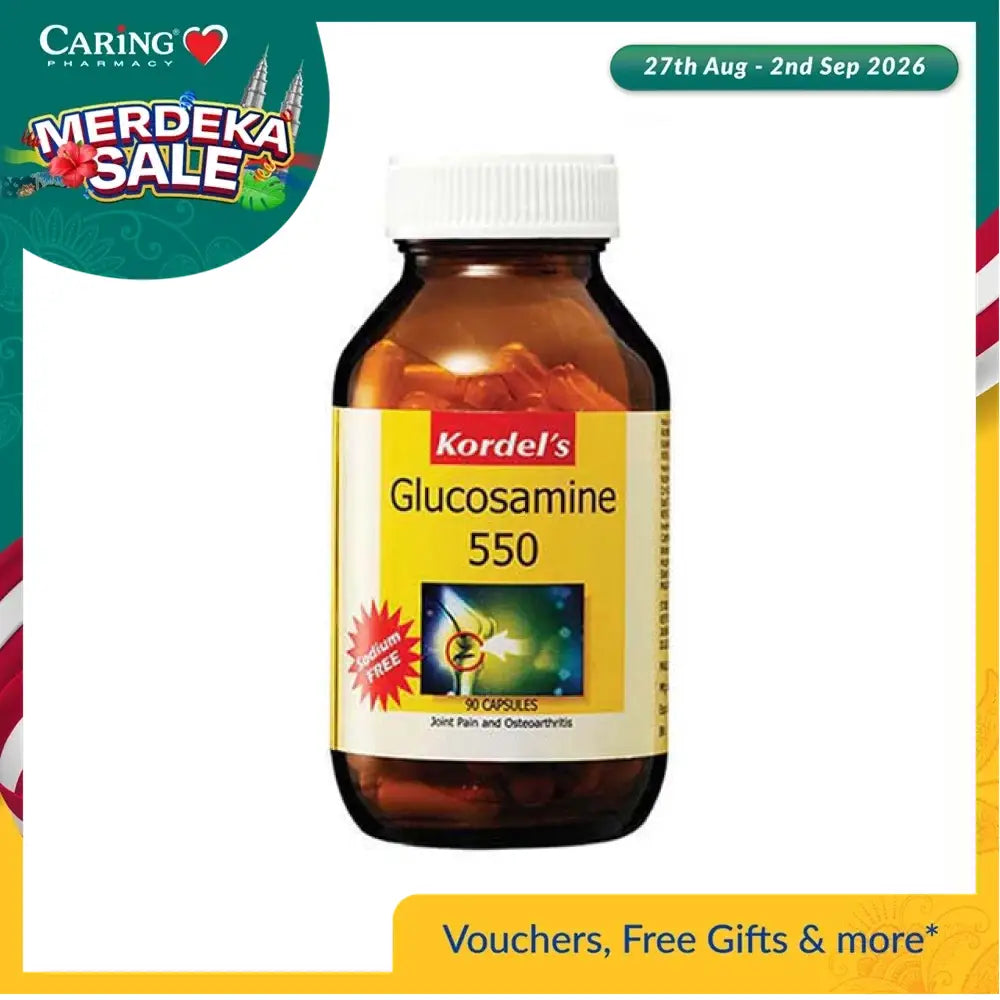 Kordel's Glucosamine 550 Capsules for Joint Pain, featuring glucosamine supplements for joint pain in a convenient bottle