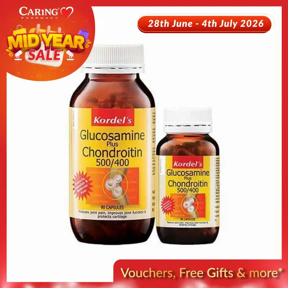 Kordel's Glucosamine Chondroitin supplement Malaysia in two bottle sizes for joint support and cartilage protection