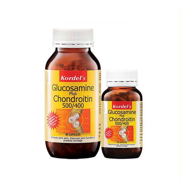 Kordel's Glucosamine Chondroitin supplement Malaysia in two bottle sizes for joint support and cartilage protection