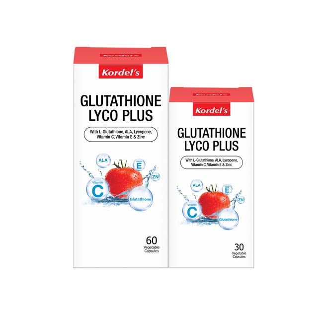 Kordel's Glutathione Lyco Plus supplement boxes with 60 and 30 vegetable capsules for health support