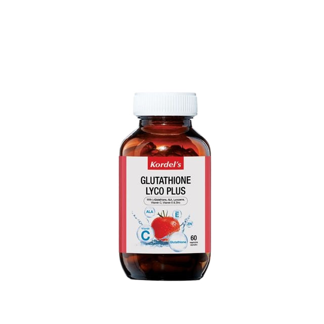 Kordel's Glutathione Lyco Plus supplement bottle with 60 capsules for enhanced antioxidant support