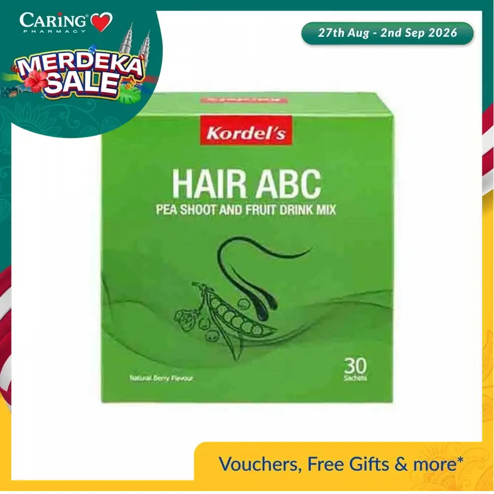 Kordel's Hair ABC supplement box with 30 sachets of natural berry flavored drink mix
