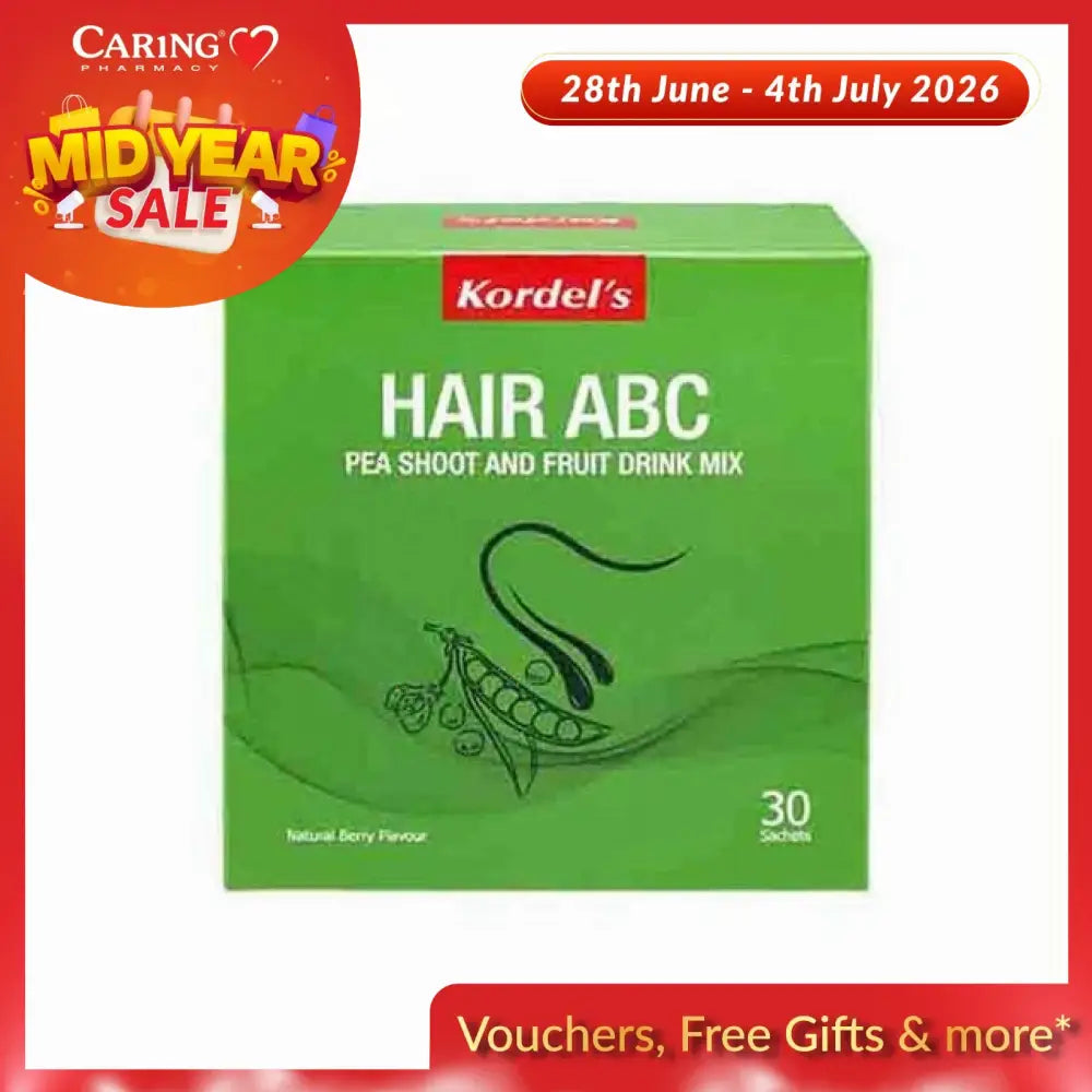 Kordel's Hair ABC supplement box with 30 sachets of natural berry flavored drink mix