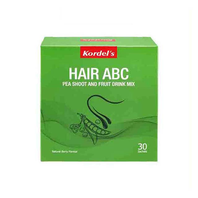 Kordel's Hair ABC supplement box with 30 sachets of natural berry flavored drink mix