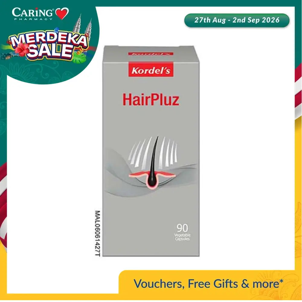 Kordel's HairPluz hair growth supplement in a box containing 90 vegetable capsules for enhancing hair vitality