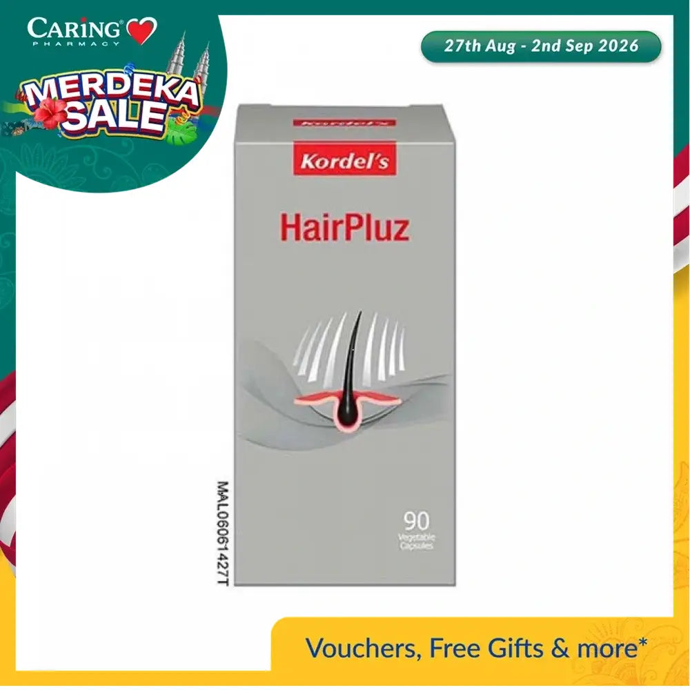 Kordel's HairPluz hair growth supplement in a box containing 90 vegetable capsules for enhancing hair vitality