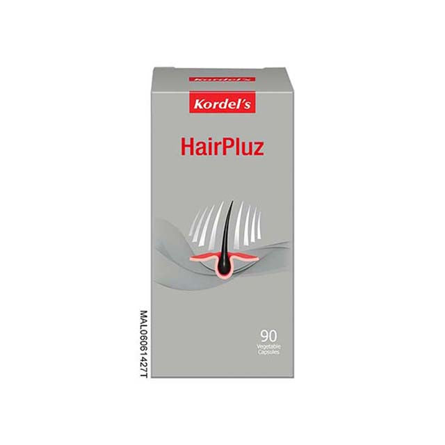 Kordel's HairPluz hair growth supplement in a box containing 90 vegetable capsules for enhancing hair vitality
