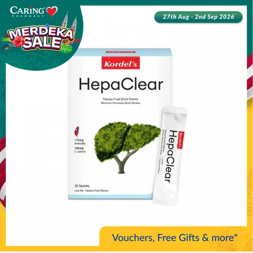 Kordel's HepaClear liver supplement in sachets, a passion fruit drink mix for liver health