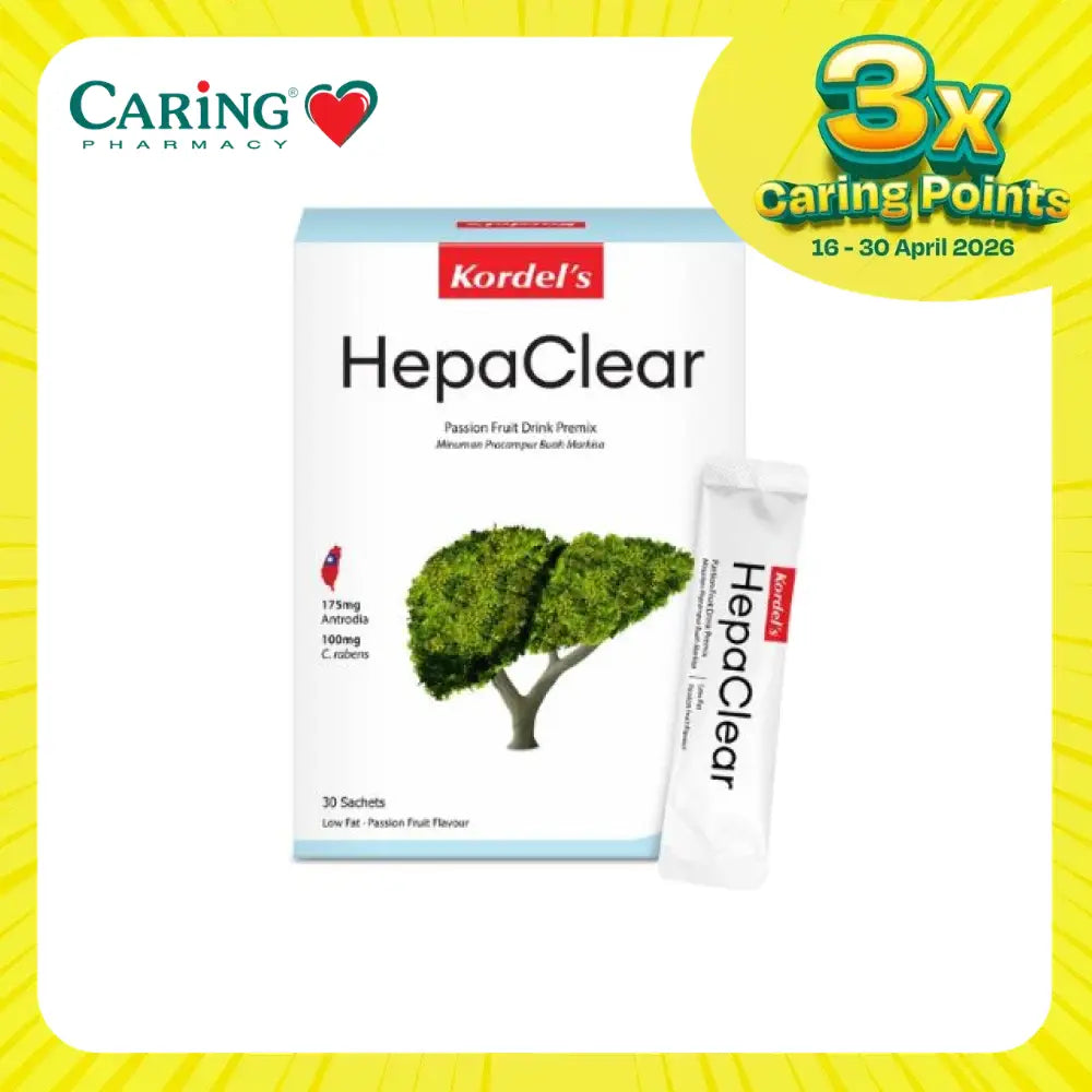 Kordel's HepaClear liver supplement in sachets, a passion fruit drink mix for liver health