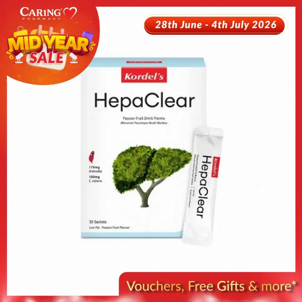 Kordel's HepaClear liver supplement in sachets, a passion fruit drink mix for liver health