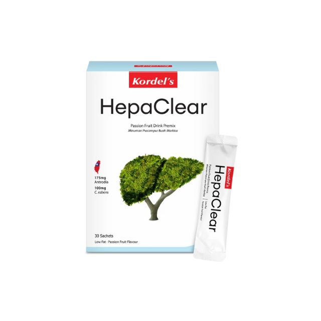 Kordel's HepaClear liver supplement in sachets, a passion fruit drink mix for liver health
