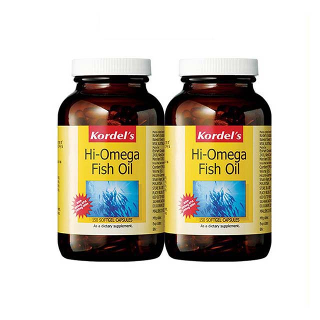 Kordel's Hi Omega fish oil 1000mg softgel capsules in two bottles for dietary supplementation