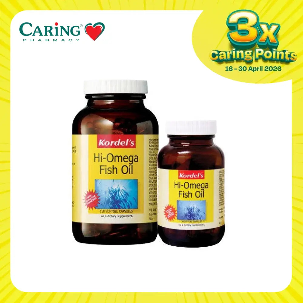 Kordels Hi Omega Fish Oil 1000mg capsules in large and small bottles for dietary supplementation