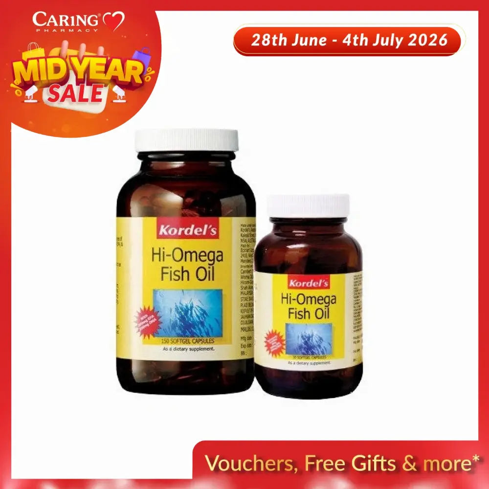 Kordels Hi Omega Fish Oil 1000mg capsules in large and small bottles for dietary supplementation
