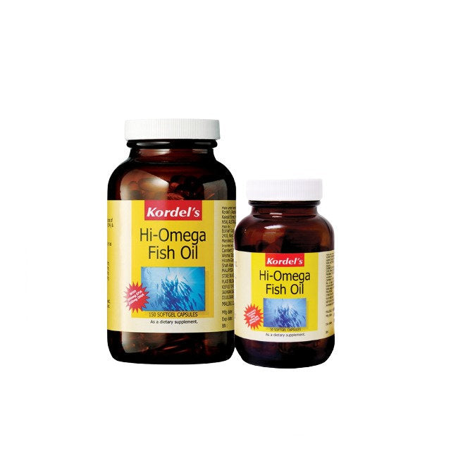 Kordels Hi Omega Fish Oil 1000mg capsules in large and small bottles for dietary supplementation
